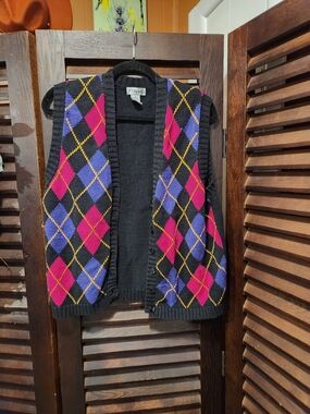 Vintage Black Argyle Knit Vest with Pink and Purple Diamonds